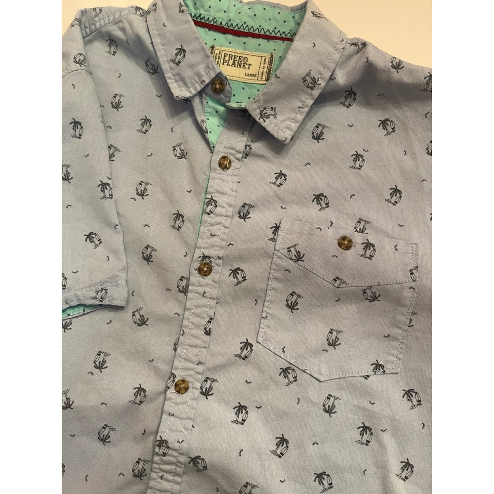 Free Planet Mens Large Blue Palm Tree Surfboard Short Sleeve Button Down Shirt